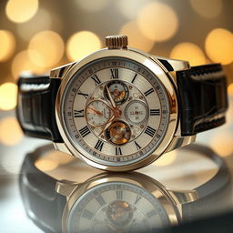 A stunning close-up of a luxury wristwatch, showcasing intricate details of the clockwork and the shine of the metallic casing