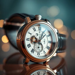 A stunning close-up of a luxury wristwatch, showcasing intricate details of the clockwork and the shine of the metallic casing