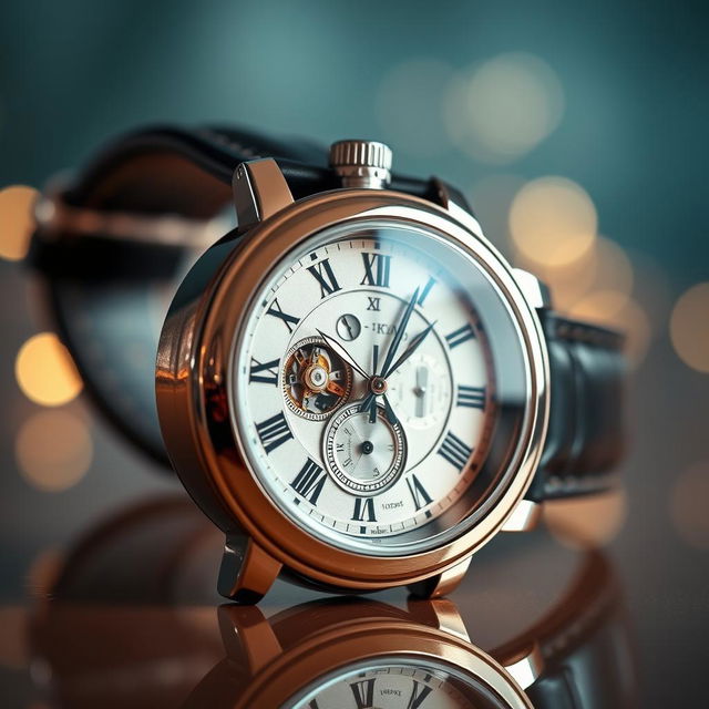 A stunning close-up of a luxury wristwatch, showcasing intricate details of the clockwork and the shine of the metallic casing