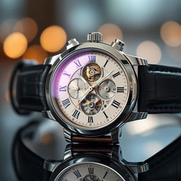 A stunning close-up of a luxury wristwatch, showcasing intricate details of the clockwork and the shine of the metallic casing