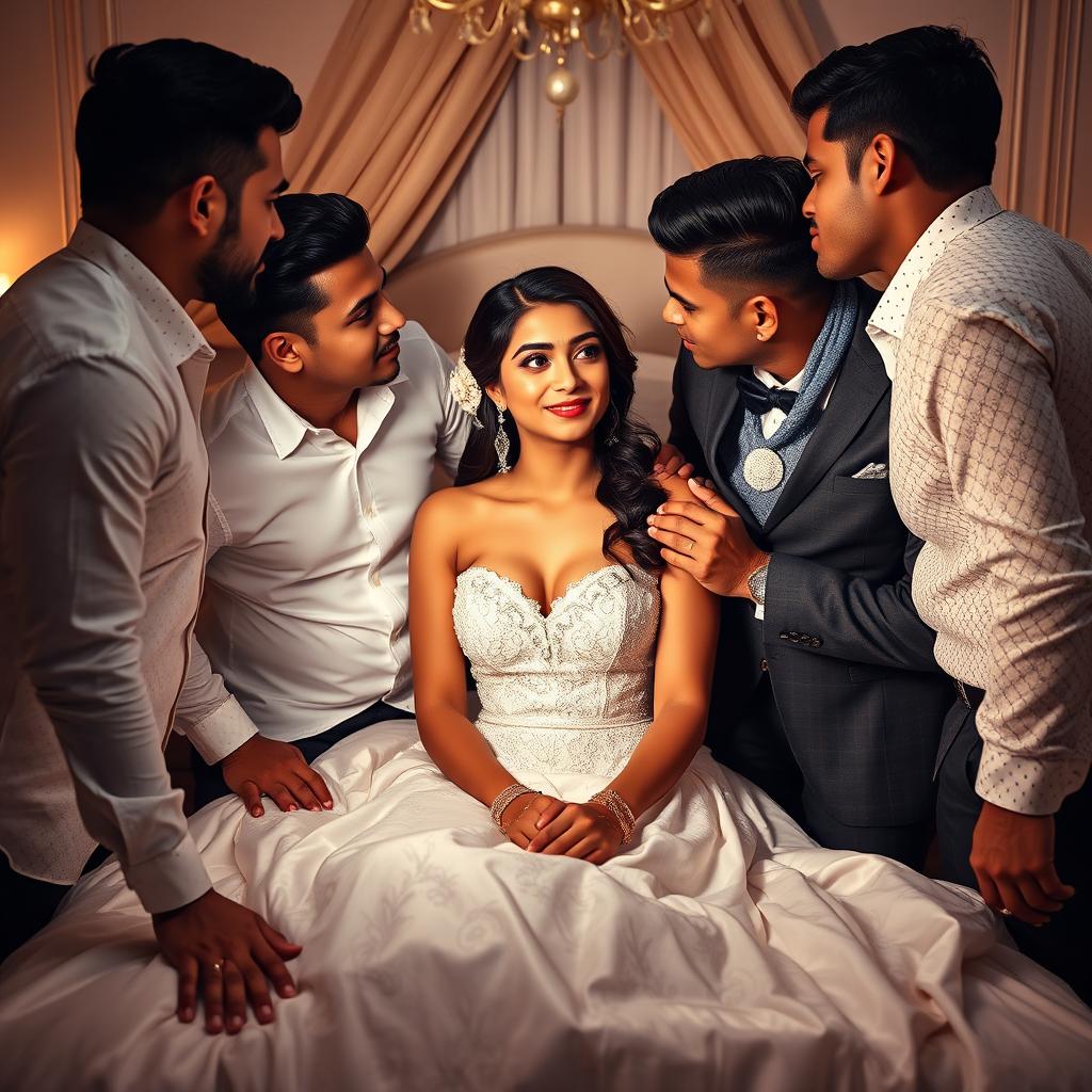 A romantic and intimate wedding scene set in an elegantly decorated bedroom, featuring an 18-year-old girl inspired by Indian actress Ileana