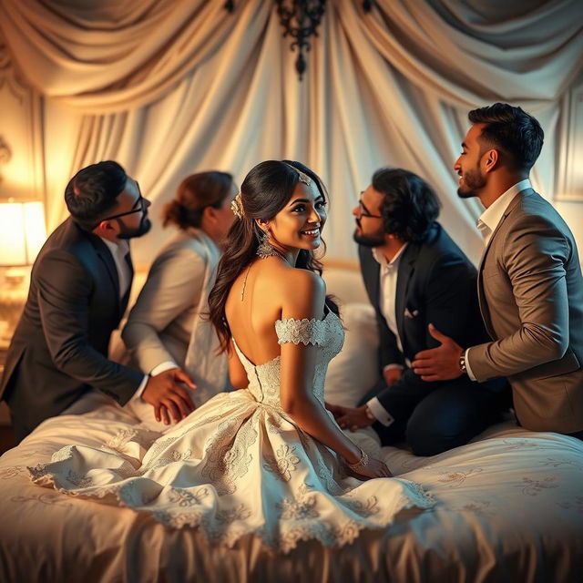 A romantic and intimate wedding scene set in an elegantly decorated bedroom, featuring an 18-year-old girl inspired by Indian actress Ileana