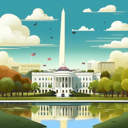 Illustrate a friendly, cartoon version of the capital city Washington D.C., highlighting recognizable landmarks like the White House and the Washington Monument.