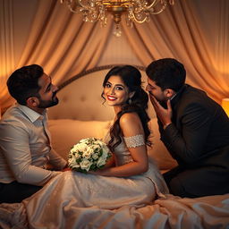 A romantic and intimate wedding scene set in an elegantly decorated bedroom, featuring an 18-year-old girl inspired by Indian actress Ileana