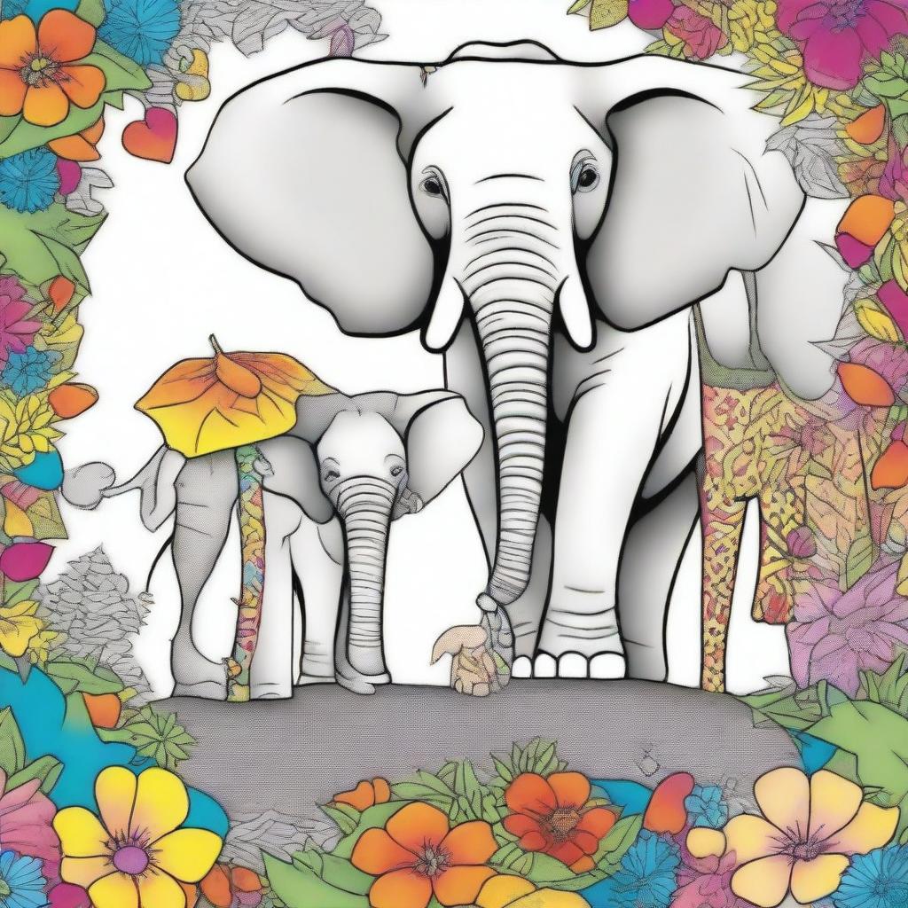 A warm and colorful paradise scene featuring elephant and giraffe parents with their adorable children.