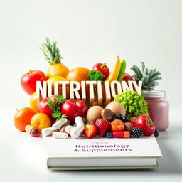 An engaging and informative book cover design focused on nutritionology and supplements, featuring vibrant fruits and vegetables artfully arranged around the book title, which should be prominently displayed in bold letters