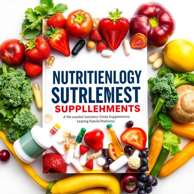 An engaging and informative book cover design focused on nutritionology and supplements, featuring vibrant fruits and vegetables artfully arranged around the book title, which should be prominently displayed in bold letters