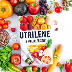 An engaging and informative book cover design focused on nutritionology and supplements, featuring vibrant fruits and vegetables artfully arranged around the book title, which should be prominently displayed in bold letters