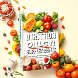 An engaging and informative book cover design focused on nutritionology and supplements, featuring vibrant fruits and vegetables artfully arranged around the book title, which should be prominently displayed in bold letters