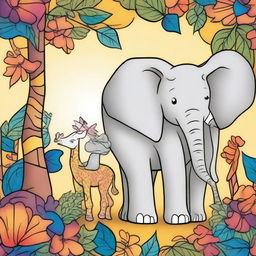 A warm and colorful paradise scene featuring elephant and giraffe parents with their adorable children.