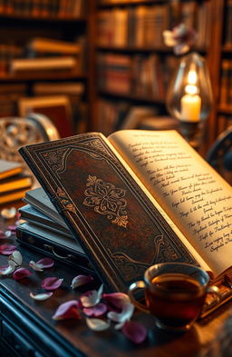 A beautifully crafted vintage leather-bound book with intricate gold detailing on the cover, resting on an antique wooden table with a soft warm light illuminating it