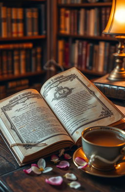 A beautifully crafted vintage leather-bound book with intricate gold detailing on the cover, resting on an antique wooden table with a soft warm light illuminating it