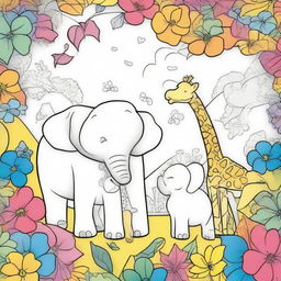 A warm and colorful paradise scene featuring elephant and giraffe parents with their adorable children.