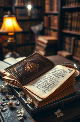 A beautifully crafted vintage leather-bound book with intricate gold detailing on the cover, resting on an antique wooden table with a soft warm light illuminating it
