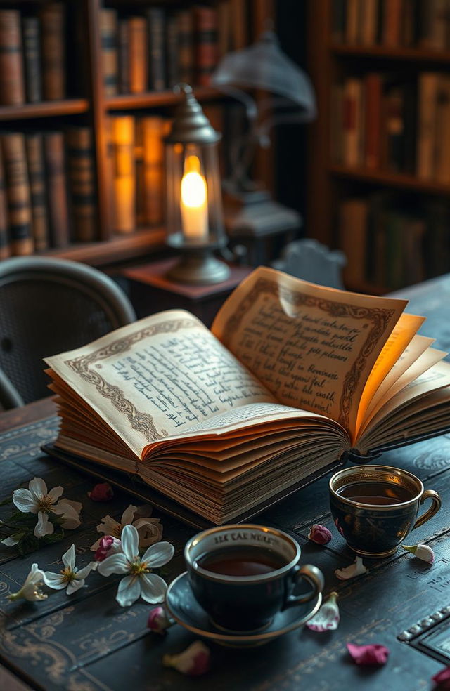 A beautifully crafted vintage leather-bound book with intricate gold detailing on the cover, resting on an antique wooden table with a soft warm light illuminating it