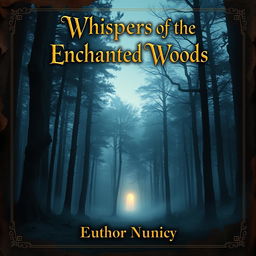 A captivating book cover featuring a mysterious forest at twilight, with tall, ancient trees shrouded in mist