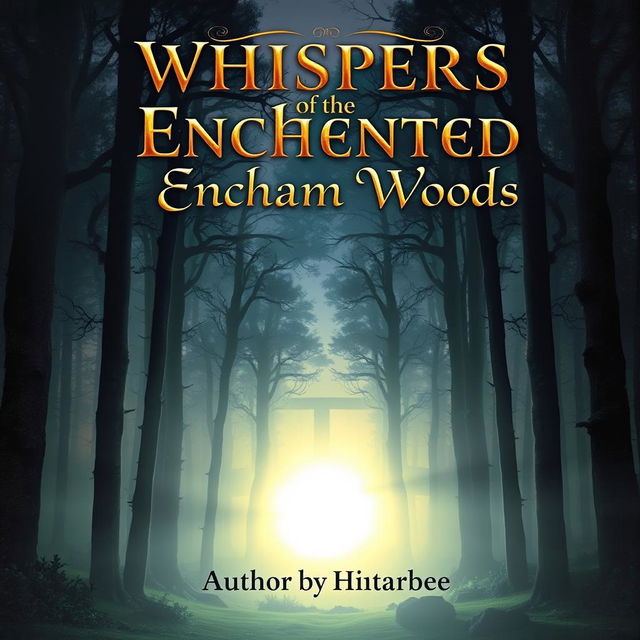 A captivating book cover featuring a mysterious forest at twilight, with tall, ancient trees shrouded in mist