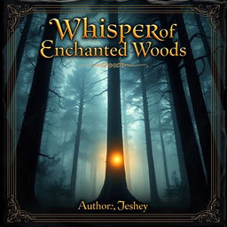 A captivating book cover featuring a mysterious forest at twilight, with tall, ancient trees shrouded in mist