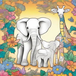 A warm and colorful paradise scene featuring elephant and giraffe parents with their adorable children.