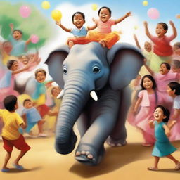 A joyful scenario with a child riding a contented elephant, surrounded by lively people displaying expressions of happiness.