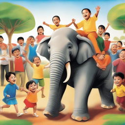 A joyful scenario with a child riding a contented elephant, surrounded by lively people displaying expressions of happiness.