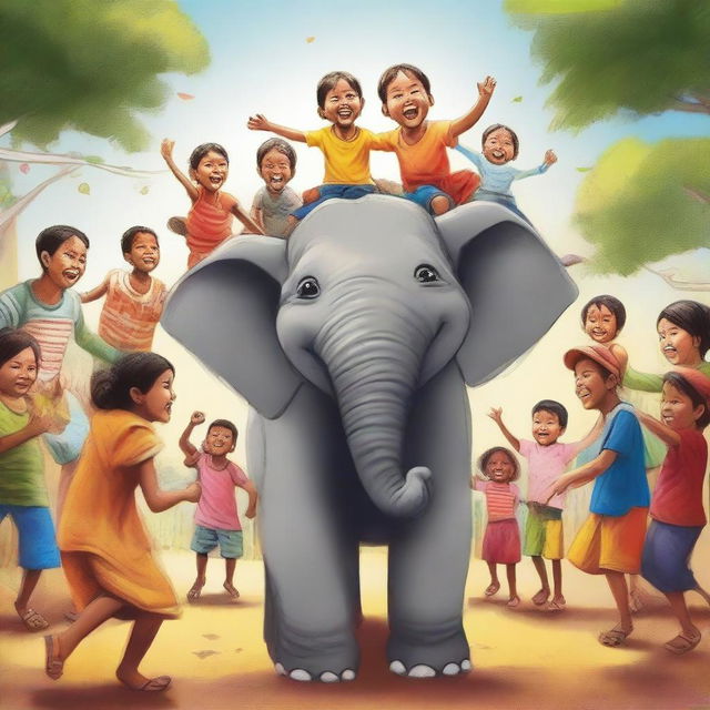 A joyful scenario with a child riding a contented elephant, surrounded by lively people displaying expressions of happiness.