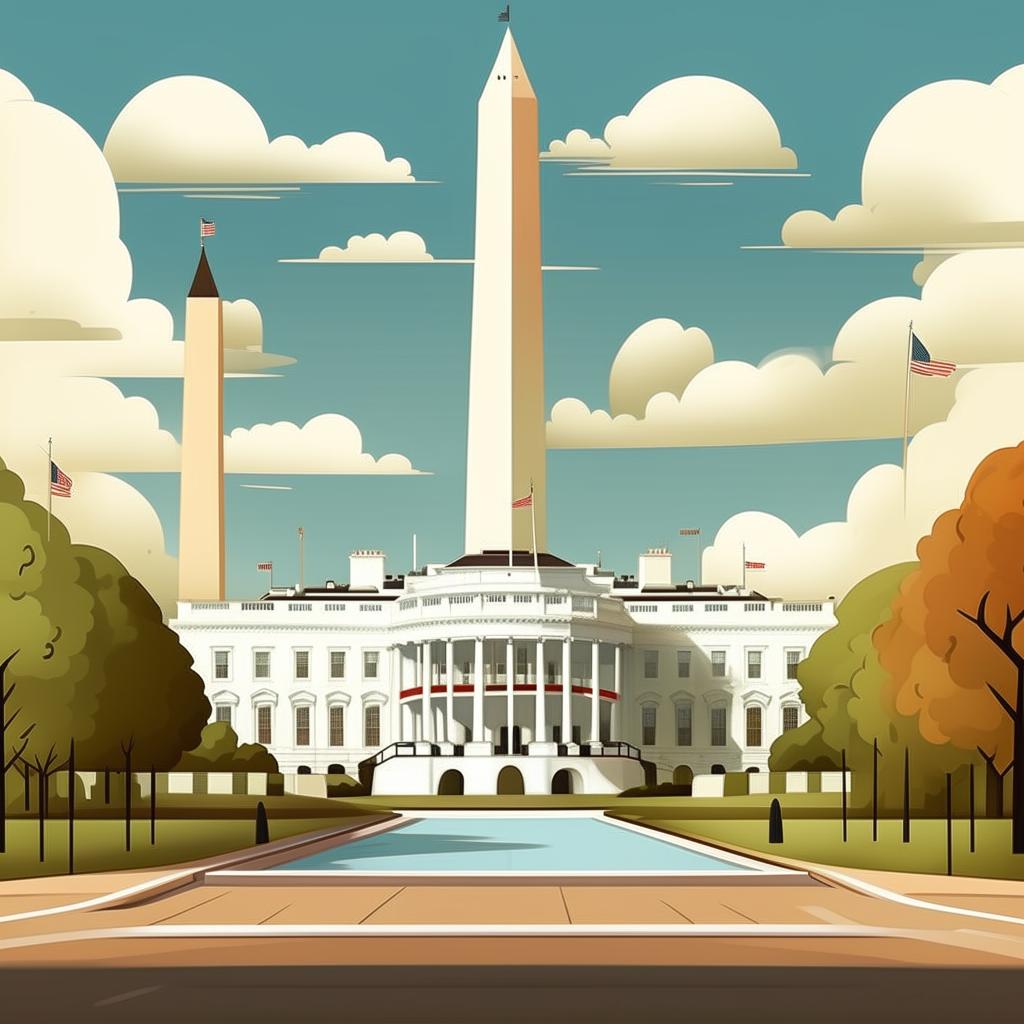 Illustrate a friendly, cartoon version of the capital city Washington D.C., highlighting recognizable landmarks like the White House and the Washington Monument.