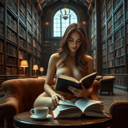 A nude lady with long bronze hair, artistically posed and embodying a sense of elegance and confidence, sitting in a large, sophisticated library filled with towering bookshelves