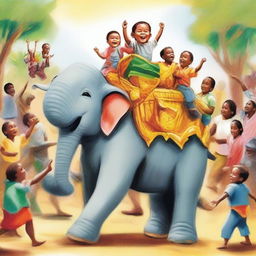 A joyful scenario with a child riding a contented elephant, surrounded by lively people displaying expressions of happiness.