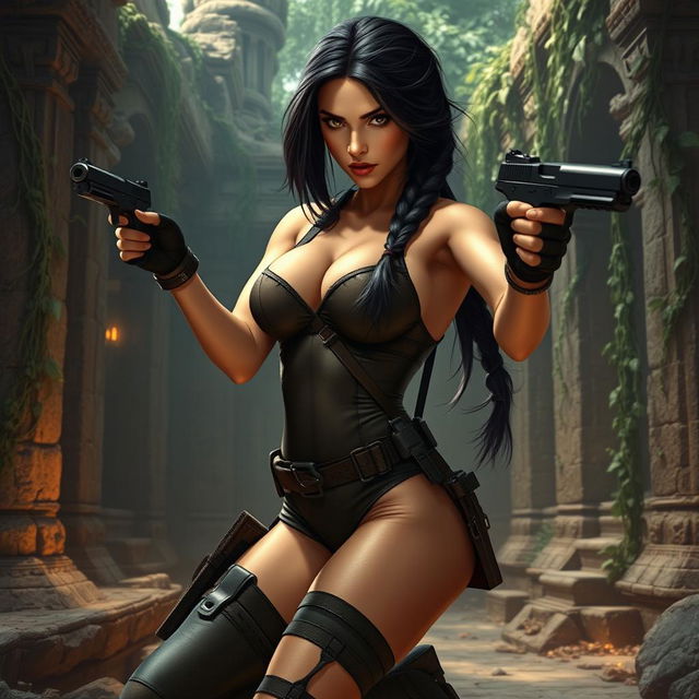 A sexy female adventurer styled as a tomb raider, dynamically posed while aiming her gun, showcasing a strong and confident expression