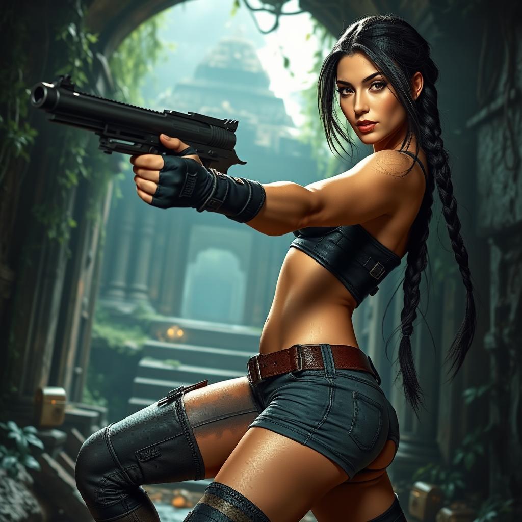 A sexy female adventurer styled as a tomb raider, dynamically posed while aiming her gun, showcasing a strong and confident expression