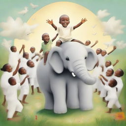 A gleeful child atop a serene elephant, encircled by joyful white individuals expressing delight.