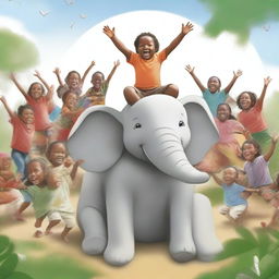 A gleeful child atop a serene elephant, encircled by joyful white individuals expressing delight.