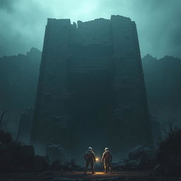 A dark world featuring a massive, crumbling, and abandoned structure resembling a monolith with organic textures