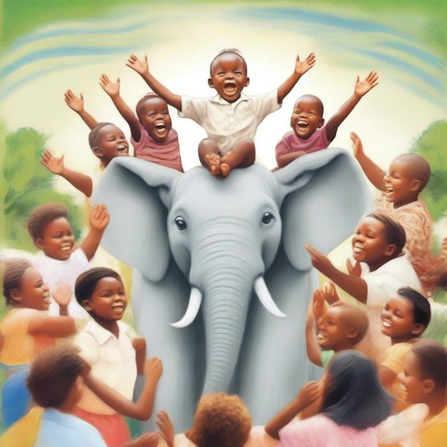 A gleeful child atop a serene elephant, encircled by joyful white individuals expressing delight.