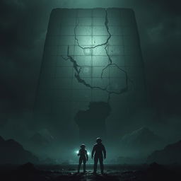 A dark world featuring a massive, crumbling, and abandoned structure resembling a monolith with organic textures