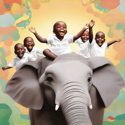 A gleeful child atop a serene elephant, encircled by joyful white individuals expressing delight.