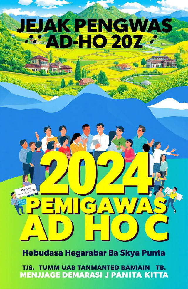 A vibrant poster design featuring the theme "Jejak Pengawas Ad Hoc 2024: Menjaga Demokrasi di Bumi Panrita Kitta"