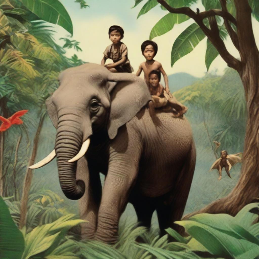 A scene from the jungle with a brave boy astride an elephant, surrounded by native Hawaiians.