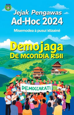 A vibrant poster design featuring the theme "Jejak Pengawas Ad Hoc 2024: Menjaga Demokrasi di Bumi Panrita Kitta"