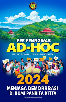 A vibrant poster design featuring the theme "Jejak Pengawas Ad Hoc 2024: Menjaga Demokrasi di Bumi Panrita Kitta"