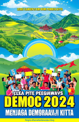 A vibrant poster design featuring the theme "Jejak Pengawas Ad Hoc 2024: Menjaga Demokrasi di Bumi Panrita Kitta"
