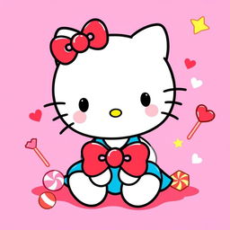 A cute and cheerful illustration of Hello Kitty, the popular character, sitting happily on a vibrant pink background