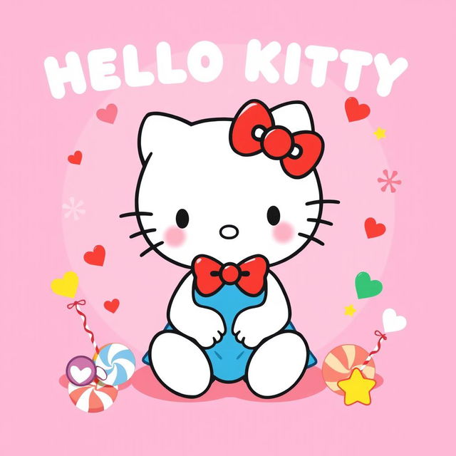 A cute and cheerful illustration of Hello Kitty, the popular character, sitting happily on a vibrant pink background