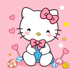 A cute and cheerful illustration of Hello Kitty, the popular character, sitting happily on a vibrant pink background