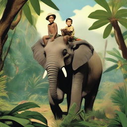 A scene from the jungle with a brave boy astride an elephant, surrounded by native Hawaiians.