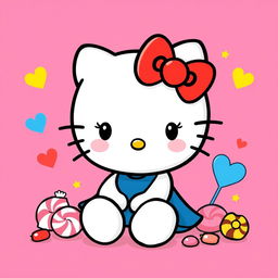 A cute and cheerful illustration of Hello Kitty, the popular character, sitting happily on a vibrant pink background