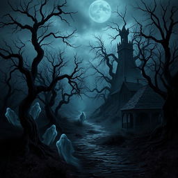 A dark and atmospheric scene set in the World of Llunonia, filled with haunting landscapes and eerie elements