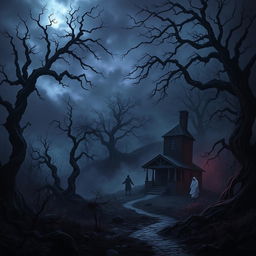 A dark and atmospheric scene set in the World of Llunonia, filled with haunting landscapes and eerie elements