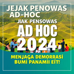 An impactful promotional design titled "Jejak Pengawas Ad Hoc 2024: Menjaga Demokrasi di Bumi Panrita Kitta"